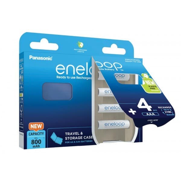 Uppladdningsbara batterier PANASONIC ENELOOP AAA 800 mAh 4-pack + fodral (BK-4MCDE/4CP+FODRAL)