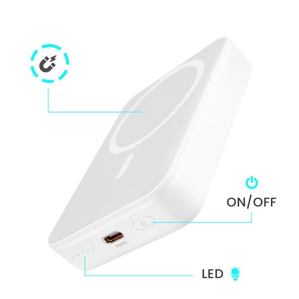 MagSafe Extern Batteri 10000mAh – USB-C Port 20W och Fällbart Stöd Bwoo Vit