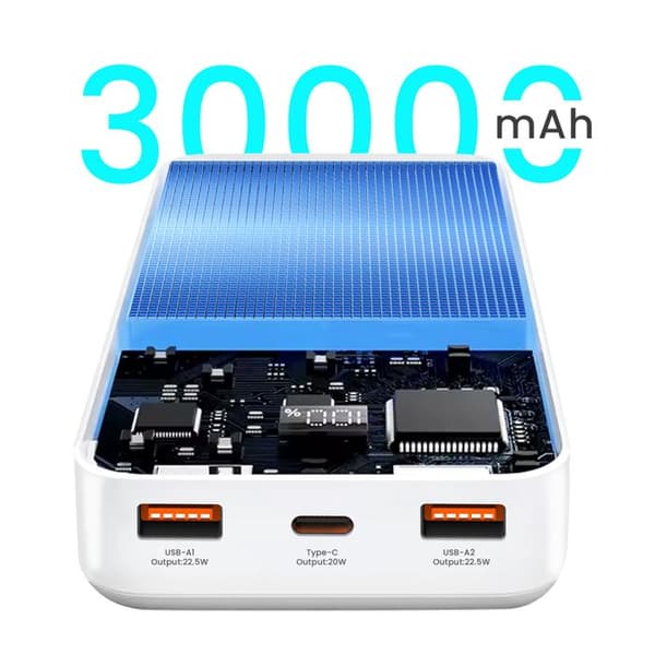 Externt Batteri 30000mAh USB-C och 2xUSB LCD-skärm - Bwoo Vit Bwoo Vit