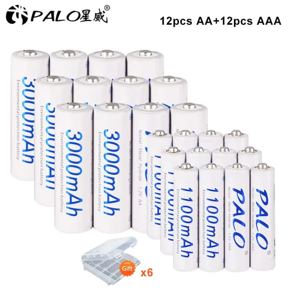 Genopladelige batterier, 12V Ni-MH, AA 3000mAh / AAA 1100mAh, 12AA-12AAA, 1,2V