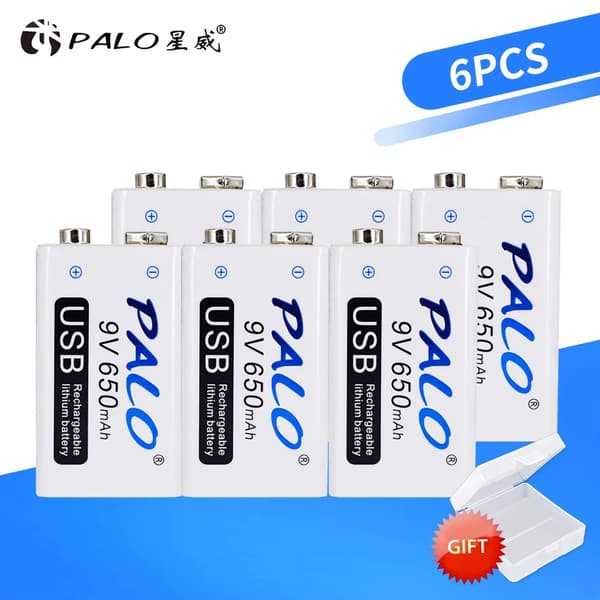 Genopladeligt 9V batteri, 650mAh kapacitet, Micro USB oplader, 6PCS