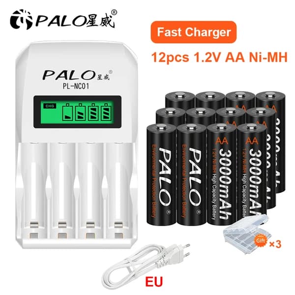 Genopladeligt AA-batteri, 12V spænding, NiMH-kemi, 12AA 1 Oplader