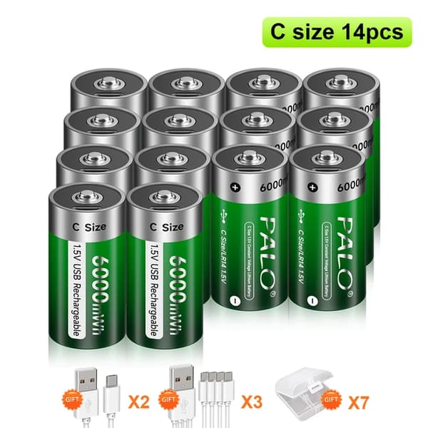 Genopladelige C-batterier, USB-genopladelige, 15V, 14PCS C-størrelse