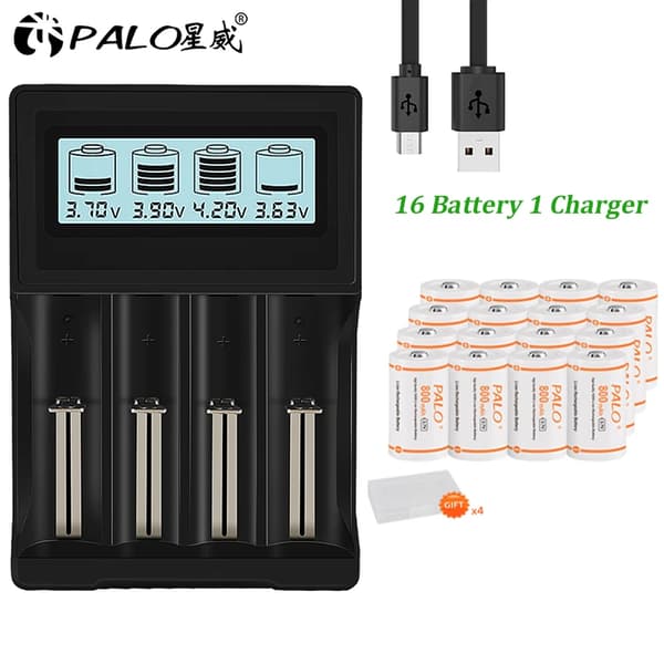 Genopladeligt CR123A batteri, 800mAh kapacitet, inkluderet oplader., 16 Batteri 1 Oplader
