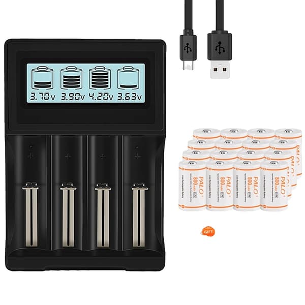 Genopladeligt CR123A batteri, 800mAh kapacitet, inkluderet oplader., 16 Batteri 1 Oplader