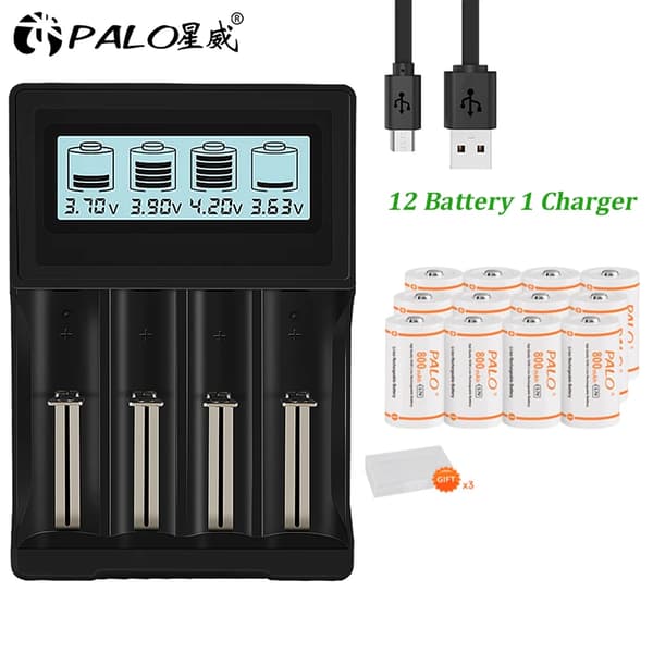 Genopladeligt CR123A batteri, 800mAh kapacitet, inkluderet oplader., 12 Batteri 1 Oplader