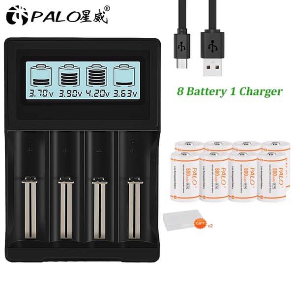 Genopladeligt CR123A batteri, 800mAh kapacitet, inkluderet oplader., 8 Batteri 1 Oplader