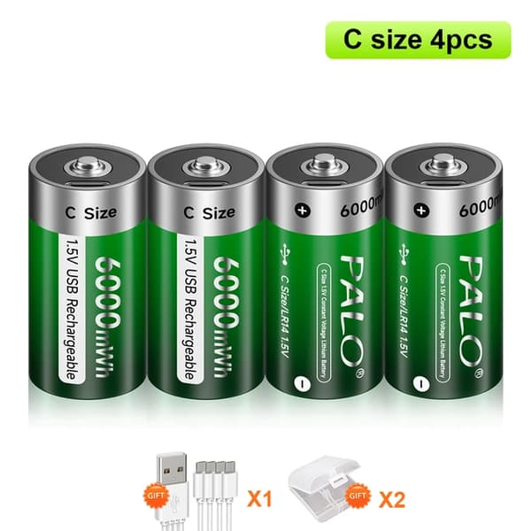 Genopladeligt C-størrelse batteri, USB-genopladeligt, Lithium-teknologi, 4 stk C-størrelse batteri