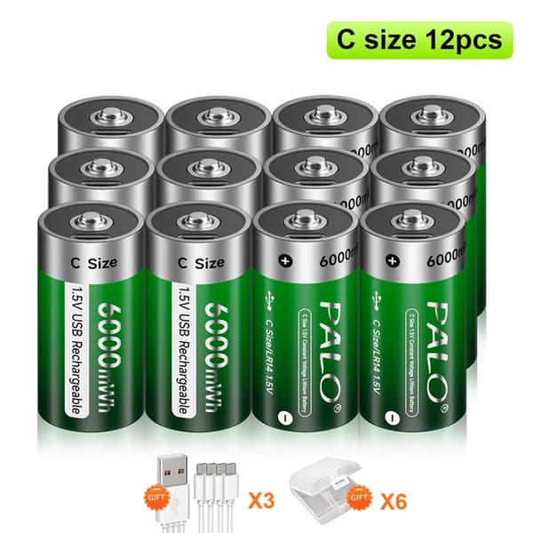 Genopladeligt C-størrelse batteri, USB-genopladeligt, Lithium-teknologi, 12 stk C-størrelse batteri