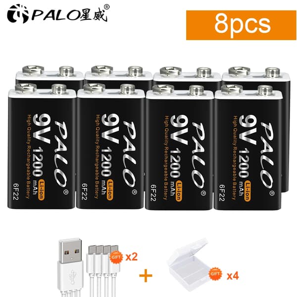 9V Genopladeligt Lithium Batteri, 1200mAh Kapacitet, USB Opladning,8 stk batteri