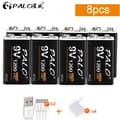 Miniatyrbillede 2 af 2: 9V Genopladeligt Lithium Batteri, 1200mAh Kapacitet, USB Opladning,8 stk batteri
