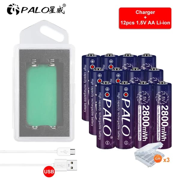 Genopladeligt AA-batteri, 2800mWh kapacitet, lithium-ion teknologi, 12 stk aa 1 oplader