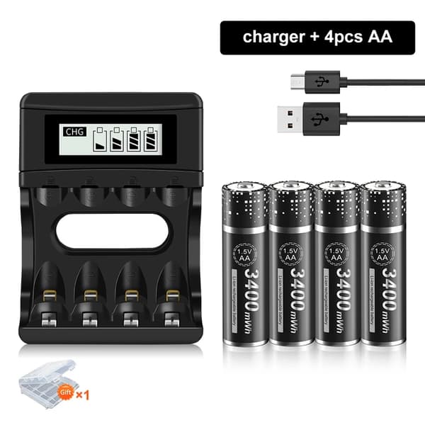 Genopladeligt AA Lithium Batteri, 3400 mWh Kapacitet, Ideelt til Ure og Legetøj, 4 batteri 1 oplader
