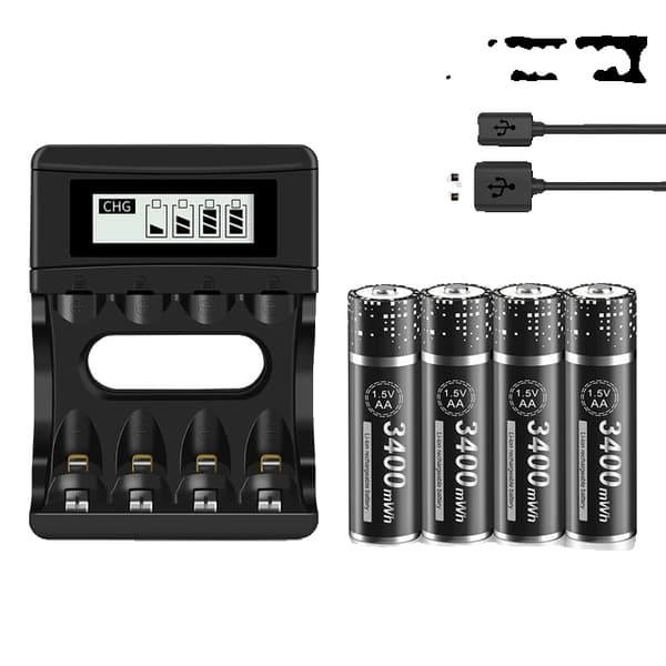 Genopladeligt AA Lithium Batteri, 3400 mWh Kapacitet, Ideelt til Ure og Legetøj, 4 batteri 1 oplader