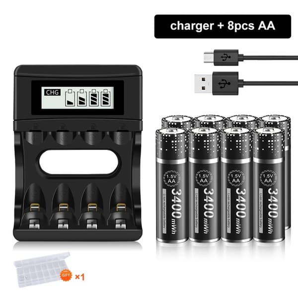 Genopladeligt AA Lithium Batteri, 3400 mWh Kapacitet, Ideelt til Ure og Legetøj, 8 batteri 1 oplader