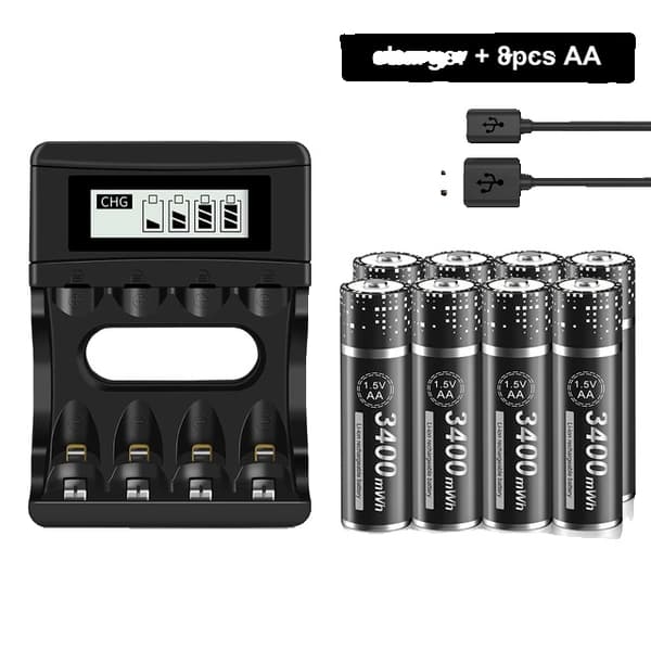 Genopladeligt AA Lithium Batteri, 3400 mWh Kapacitet, Ideelt til Ure og Legetøj, 8 batteri 1 oplader