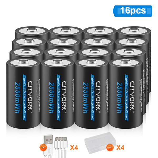 Genopladeligt 3,7V CR123A Batteri, 2550mWh Kapacitet, USB Type-C Opladning,16 stykker