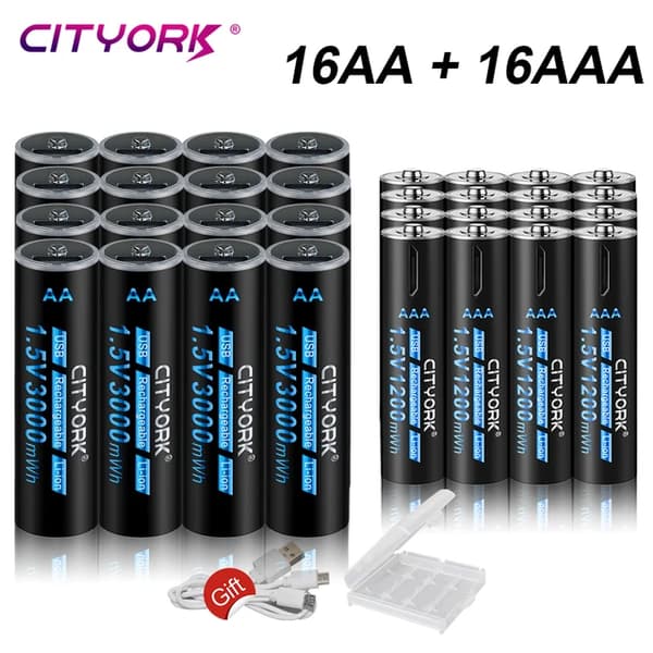 Genopladelige AA- og AAA-batterier, 3000 mAh batterikapacitet, USB-opladning,16AA-16AAA Batteri