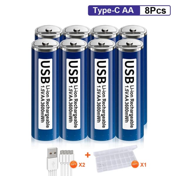 Genopladelige batterier, høj kapacitet, USB-opladning, 8AA batteri