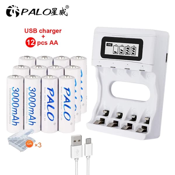 Genopladelige AA-batterier, 3000mAh kapacitet, Lav selvudladning, 12AA og oplader