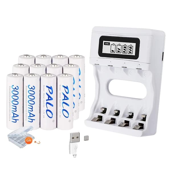 Genopladelige AA-batterier, 3000mAh kapacitet, Lav selvudladning, 12AA og oplader