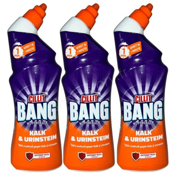 Förpackning med CILLIT BANG anti-kalk och anti-kalk desinficerande rengöringsgel för toaletter
