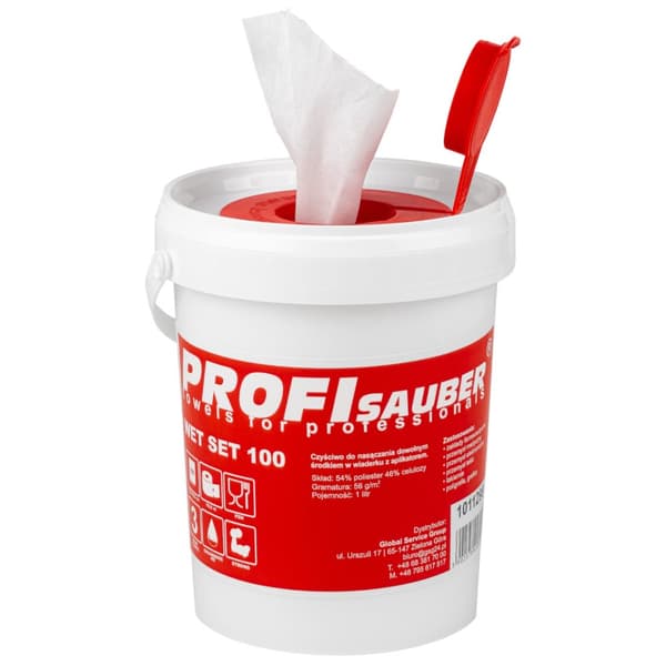 Dukar i en blötläggningshink med en ProfiSauber WET SET 100 dispenser