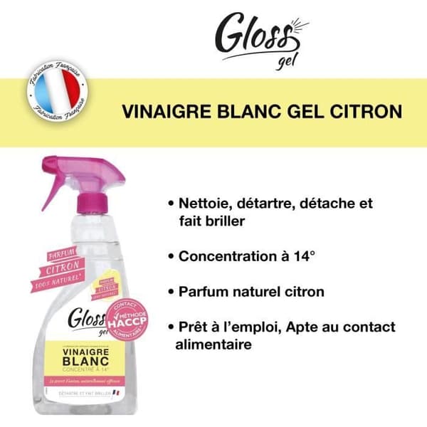 GLANS - Vit vinäger 14° - Citrondoftgel - Avkalkar och glänser - Naturlig formula - 750ml - Tillverkad i Frankrike