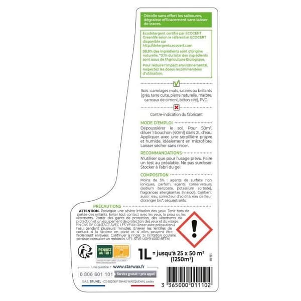 STARWAX Koncentrerad rengöringsmedel för kakel och plastgolv 1l Ecocert