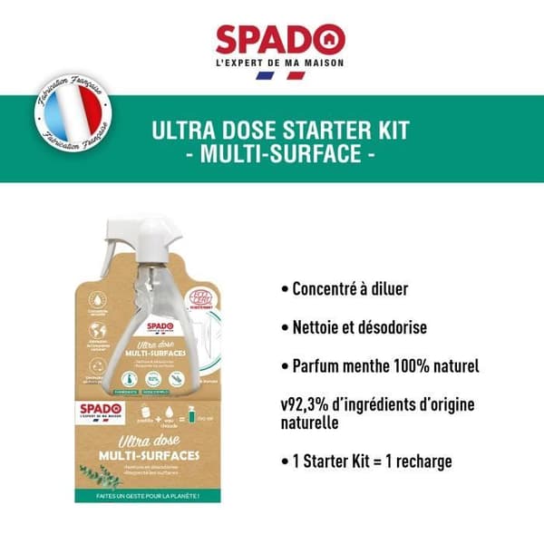 SPADO - Multiytters rengöringsmedel - Ultra doseringskit - Ecocert - Naturlig mintdoft - 1 tablett = 1x750ml - Tillverkning i Frankrike