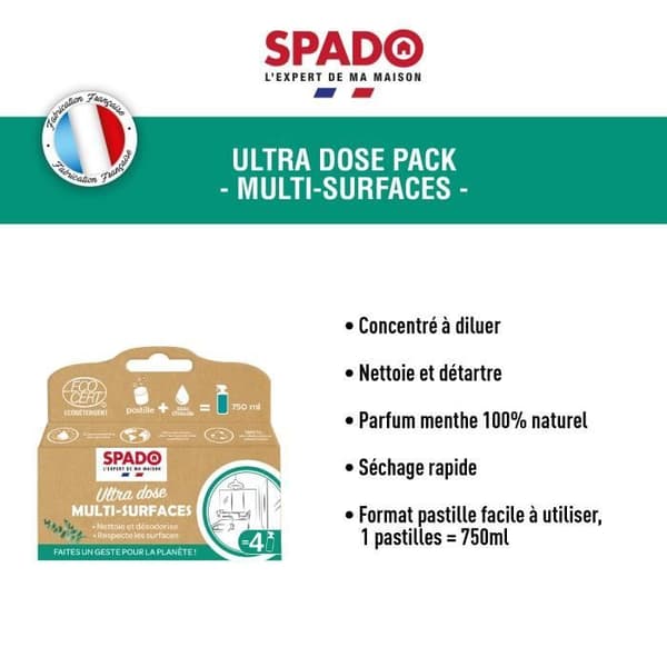 SPADO - Multifunktionsrenare - Ultradosering - Ecocert - Naturlig mintdoft - 4 tabletter = 4 x 750ml - Fransk tillverkning