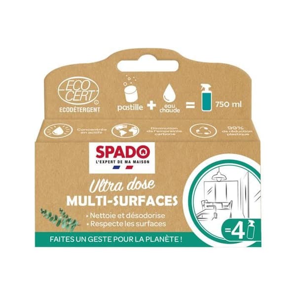 SPADO - Multifunktionsrenare - Ultradosering - Ecocert - Naturlig mintdoft - 4 tabletter = 4 x 750ml - Fransk tillverkning