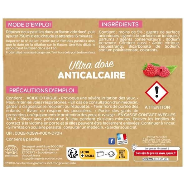 SPADO-Anti Kalk - Rengör, avkalkar &amp; ger glans - Ecocert - Ultradose - Hallonsmak - 8 tabletter = 4x750ml - Tillverkad i Frankrike