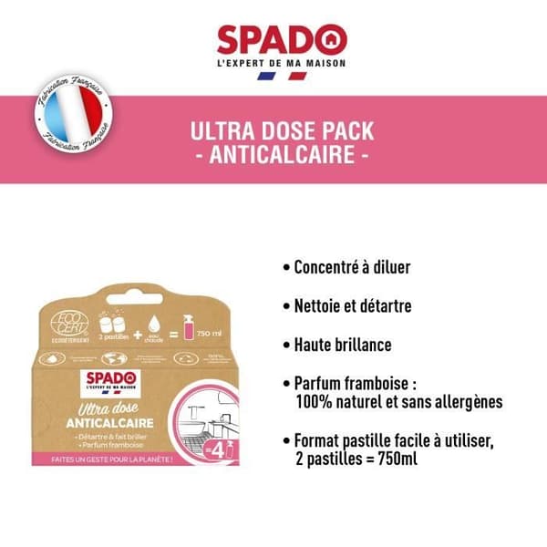 SPADO-Anti Kalk - Rengör, avkalkar &amp; ger glans - Ecocert - Ultradose - Hallonsmak - 8 tabletter = 4x750ml - Tillverkad i Frankrike