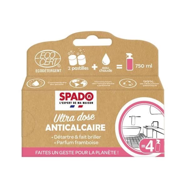 SPADO-Anti Kalk - Rengör, avkalkar &amp; ger glans - Ecocert - Ultradose - Hallonsmak - 8 tabletter = 4x750ml - Tillverkad i Frankrike