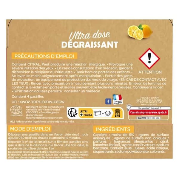 SPADO - Rengörings- och avfettningsmedel - Ultra dos - Ecocert - Löses upp fett - Citrondoft - 4 tabletter = 4x750ml - Tillverkad i Frankrike