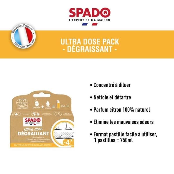 SPADO - Rengörings- och avfettningsmedel - Ultra dos - Ecocert - Löses upp fett - Citrondoft - 4 tabletter = 4x750ml - Tillverkad i Frankrike