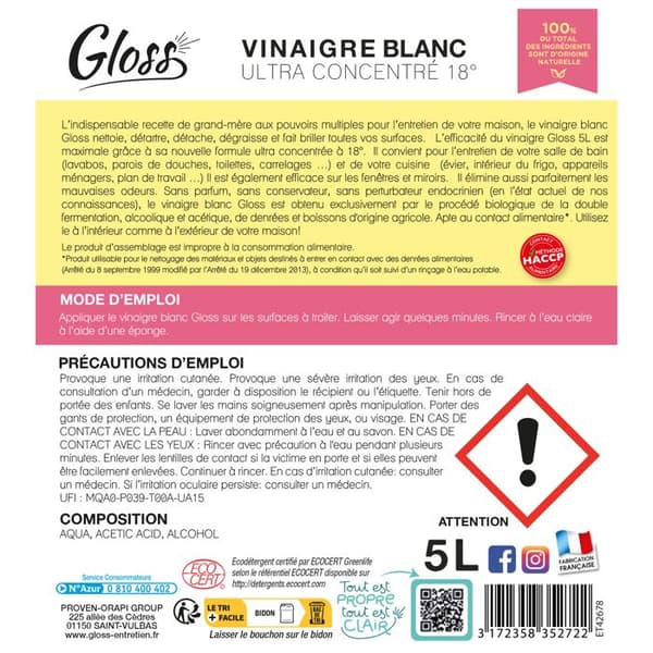 GLOSS - Vitvins 18° - Avkalkar och ger glans - Koncentrerad och naturlig formel - Livsmedelskontakt - 5L - Fransk tillverkning