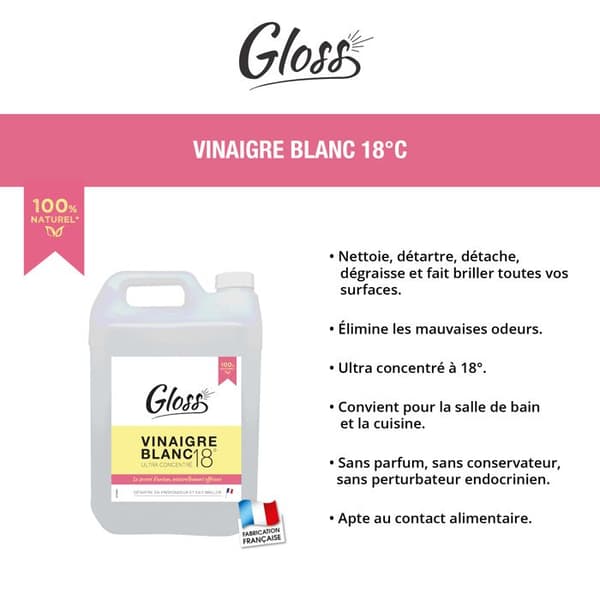 GLOSS - Vitvins 18° - Avkalkar och ger glans - Koncentrerad och naturlig formel - Livsmedelskontakt - 5L - Fransk tillverkning