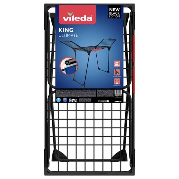 Vileda King Ultimate Torkställning – New Black, hopfällbar med vingar och 20 meter torkyta