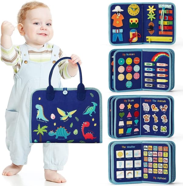 Montessori-opetusvälineet lapsille, aktiviteettitaulu, sopii 1–4-vuotiaille lapsille, sininen dinosaurus, 8 sivua