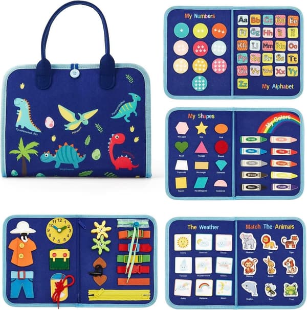 Montessori-opetusvälineet lapsille, aktiviteettitaulu, sopii 1–4-vuotiaille lapsille, sininen dinosaurus, 8 sivua
