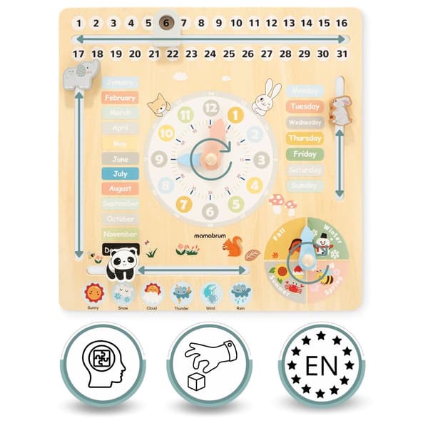 Mamabrum Puinen kalenteri lapsille 6-in-1 – vuodenajat, viikonpäivät, kuukaudet, kello ja sää, opettavainen lelu 3-vuotiaasta alkaen