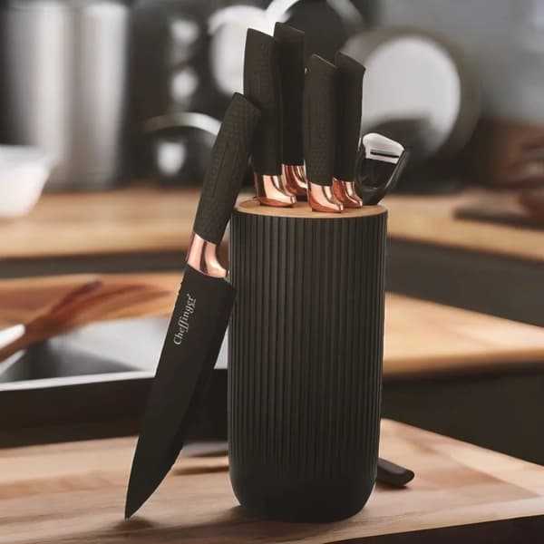 Cheffinger CF-KB01: Knivset i 7 delar - svart med roséguldtrim