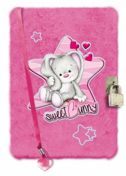 Diary with padlock pink plush bunny