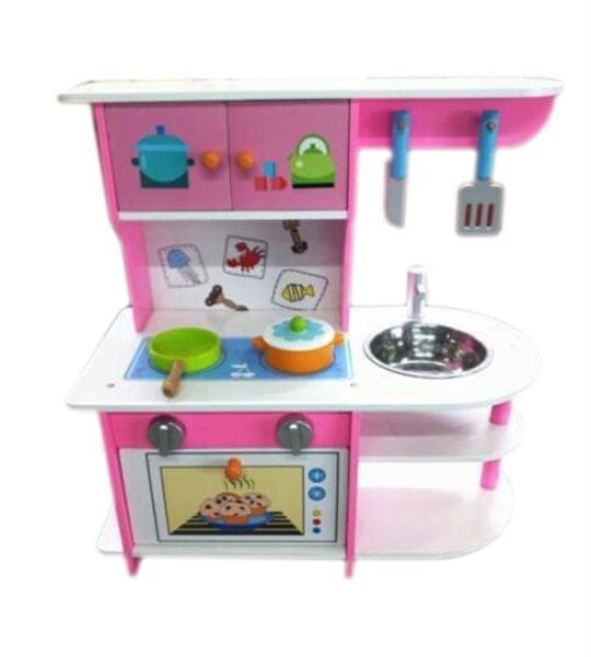 PROMO pink kitchen with a sink, in a wood crate. 1001511