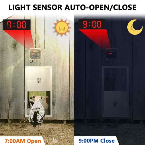 Automatisk hönsdörr, hönsgårdsdörröppnare med timer & ljussensor, nätdrift och fjärrkontroll