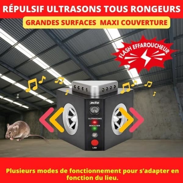 Ultraljudsrepellents 3 i 1 - ACTO - 300 m² - Maxi täckning & stor vinkel för råttor - Möss - Sorkar - Lérots