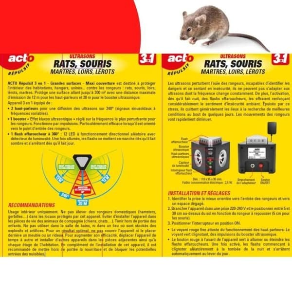 Ultraljudsrepellents 3 i 1 - ACTO - 300 m² - Maxi täckning & stor vinkel för råttor - Möss - Sorkar - Lérots