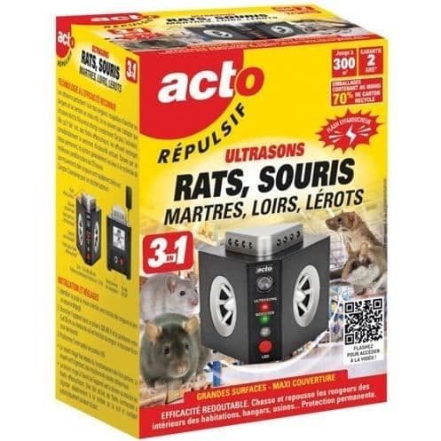 Ultraljudsrepellents 3 i 1 - ACTO - 300 m² - Maxi täckning &amp; stor vinkel för råttor - Möss - Sorkar - Lérots
